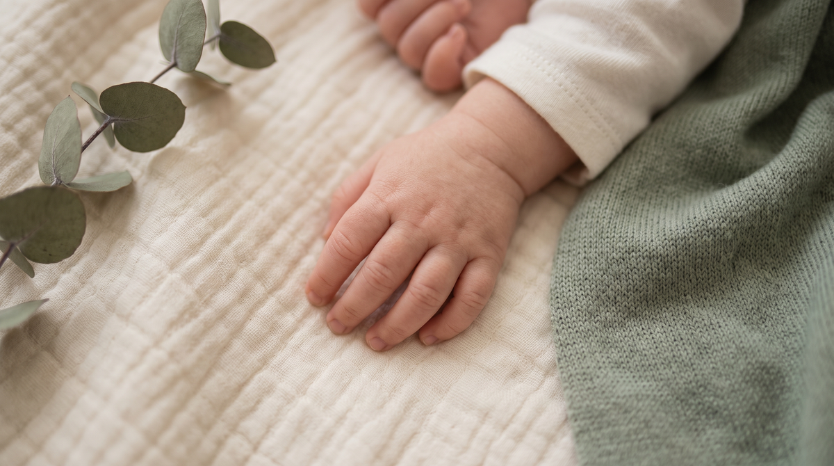 A sleeping baby's hand resting on soft cream muslin beside a sprig of eucalyptus
