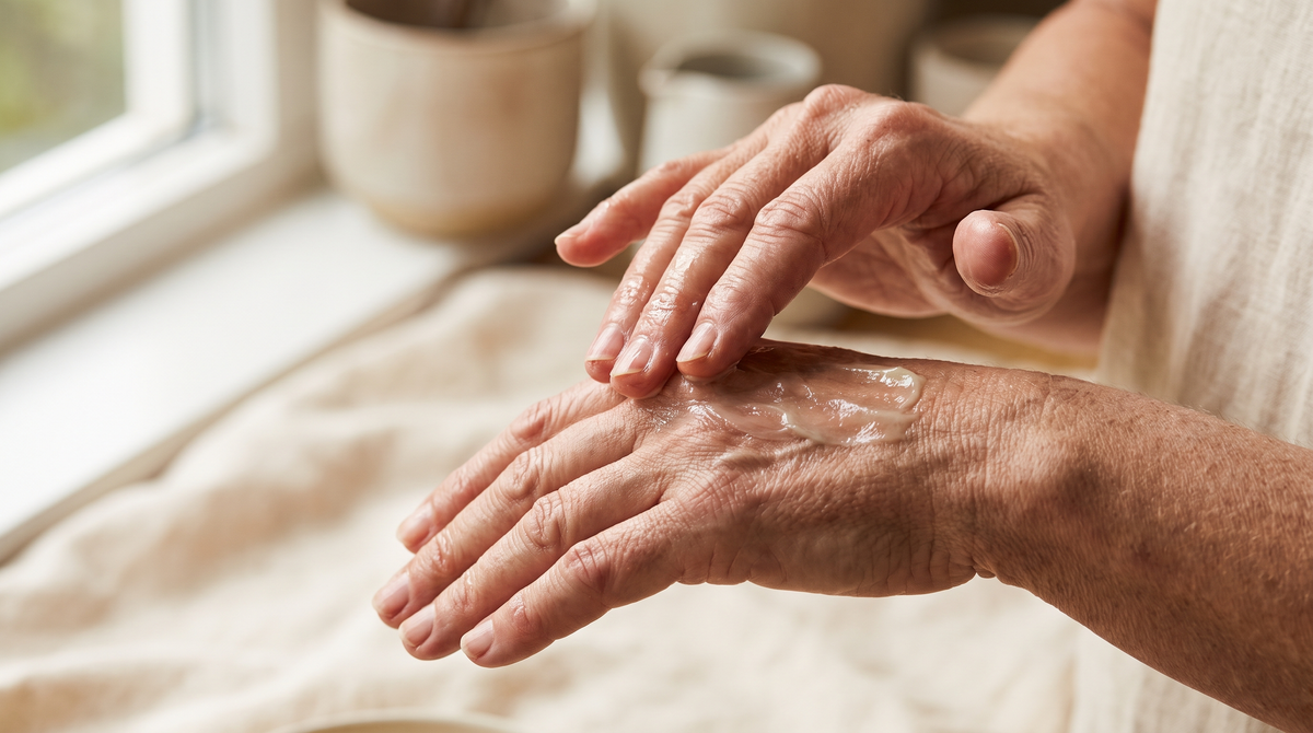 Close-up of hands smoothing a rich balm over dry knuckles, skin texture visible in soft side light