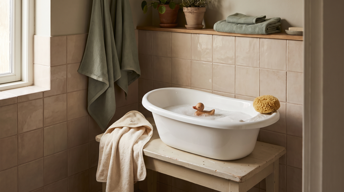 A baby bath set out with a hooded cream towel, natural sponge and wooden duck in a warm, softly lit bathroom