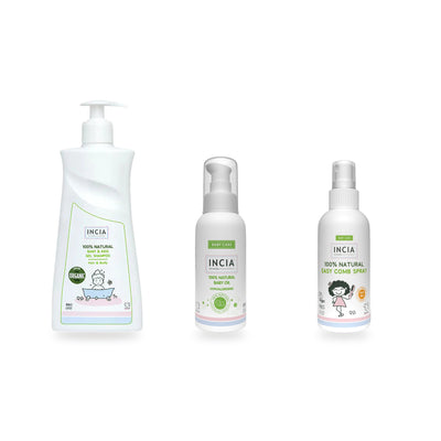 INCIA Baby Bath Time Set: baby and kids shampoo, natural baby oil and easy combing spray