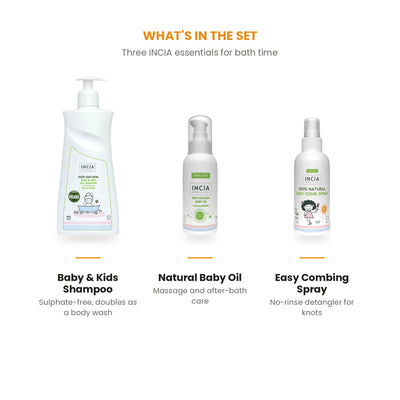 What is in the Baby Bath Time Set: three INCIA products labelled with what each one does
