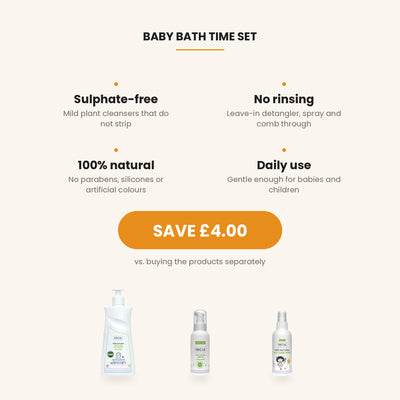 Baby Bath Time Set benefits: sulphate-free, no rinsing, 100% natural, gentle for daily use. Save GBP 4