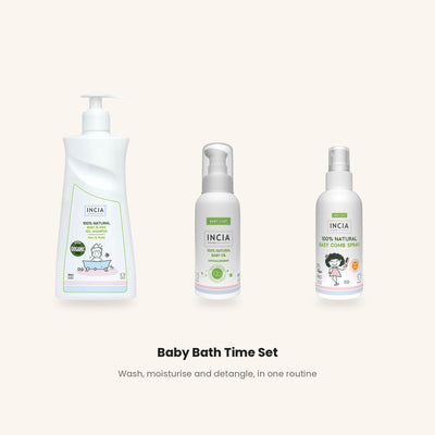 The three INCIA Baby Bath Time Set products lined up on a warm cream background