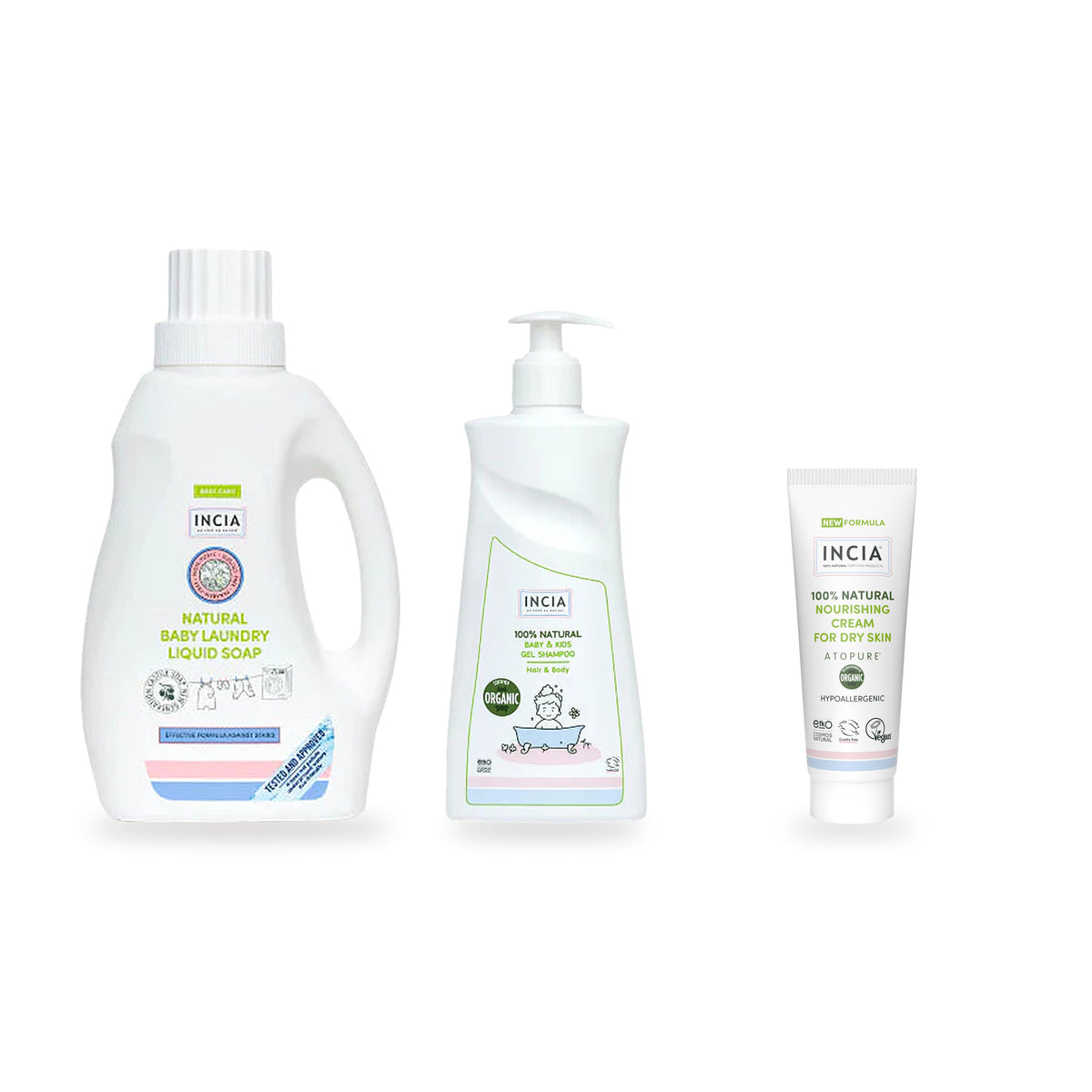 INCIA Eczema-Prone Skin Wash & Care Set: baby laundry liquid soap, baby and kids shampoo and nourishing gel for dry skin