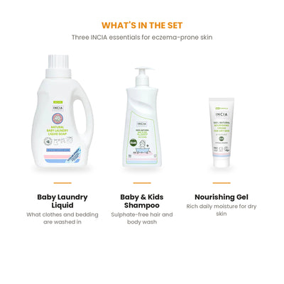 What is in the Eczema-Prone Skin Wash & Care Set: three INCIA products labelled with what each one does