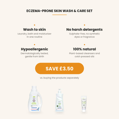 Eczema-Prone Skin Wash & Care Set benefits: laundry to skin routine, no harsh detergents, hypoallergenic, 100% natural. Save GBP 3.50