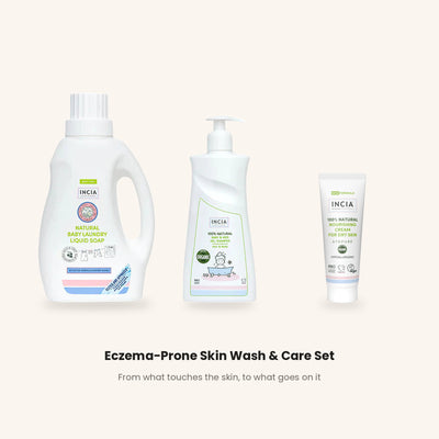 The three INCIA Eczema-Prone Skin Wash & Care Set products lined up on a warm cream background
