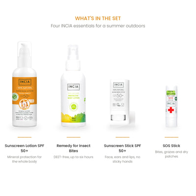 What is in the Sun & Summer Family Set: four INCIA products labelled with what each one does