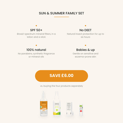 Sun & Summer Family Set benefits: SPF 50+ mineral filters, DEET-free, 100% natural, safe for babies, save GBP 6