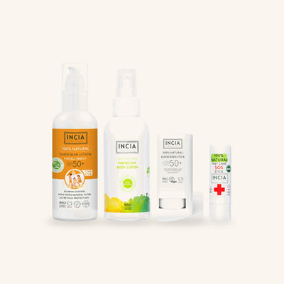 The four INCIA Sun & Summer Family Set products lined up on a warm cream background