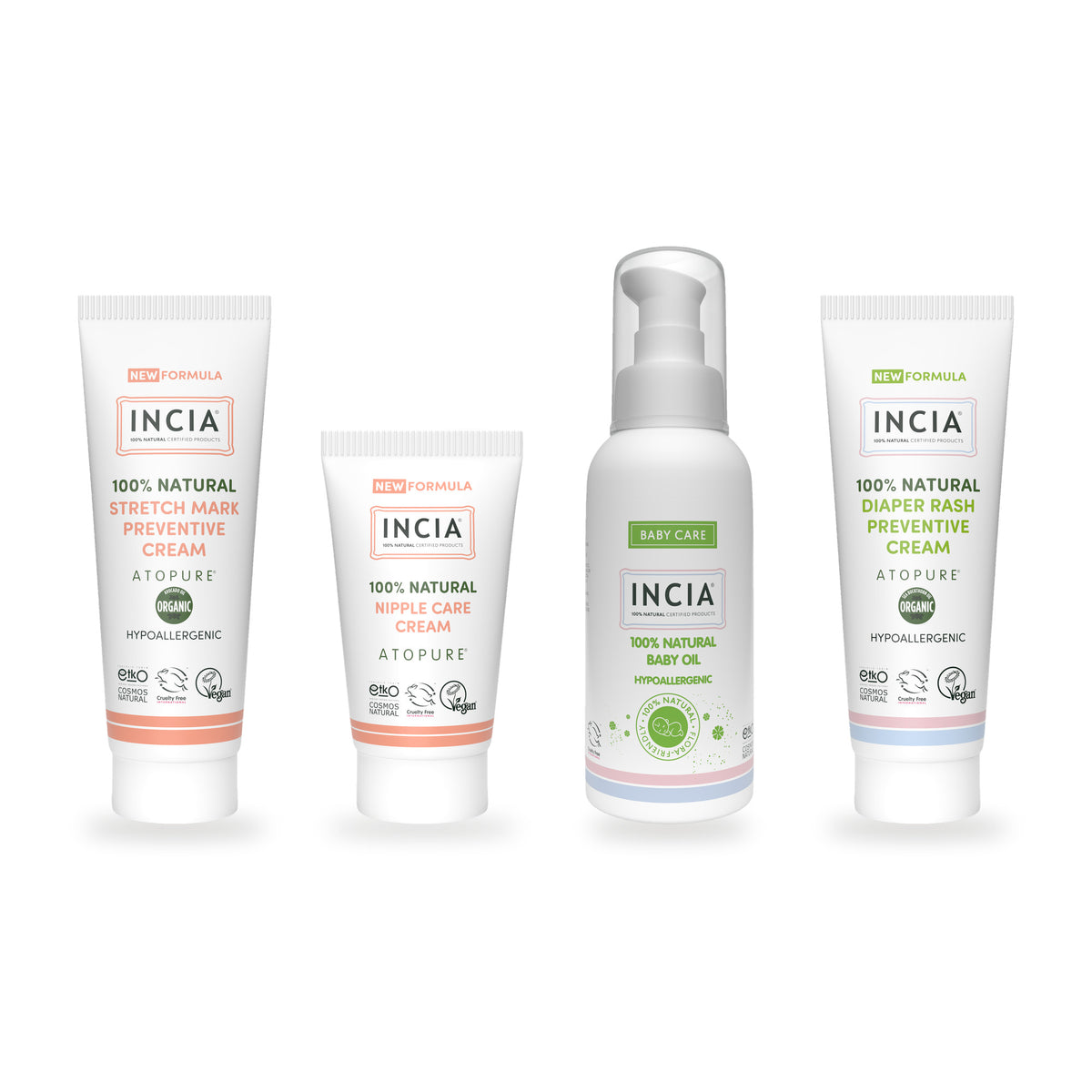INCIA New Mum Essentials Set: stretch mark gel cream, nipple cream, natural baby oil and diaper rash gel