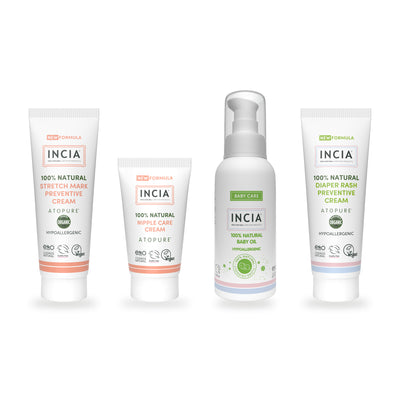 INCIA New Mum Essentials Set: stretch mark gel cream, nipple cream, natural baby oil and diaper rash gel