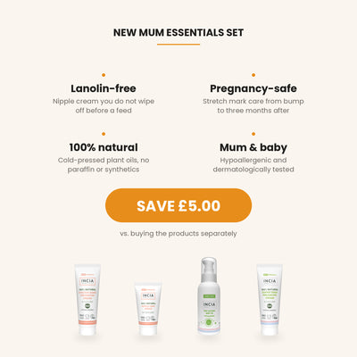 New Mum Essentials Set benefits: lanolin-free, pregnancy-safe, 100% natural, for mum and baby. Save GBP 5