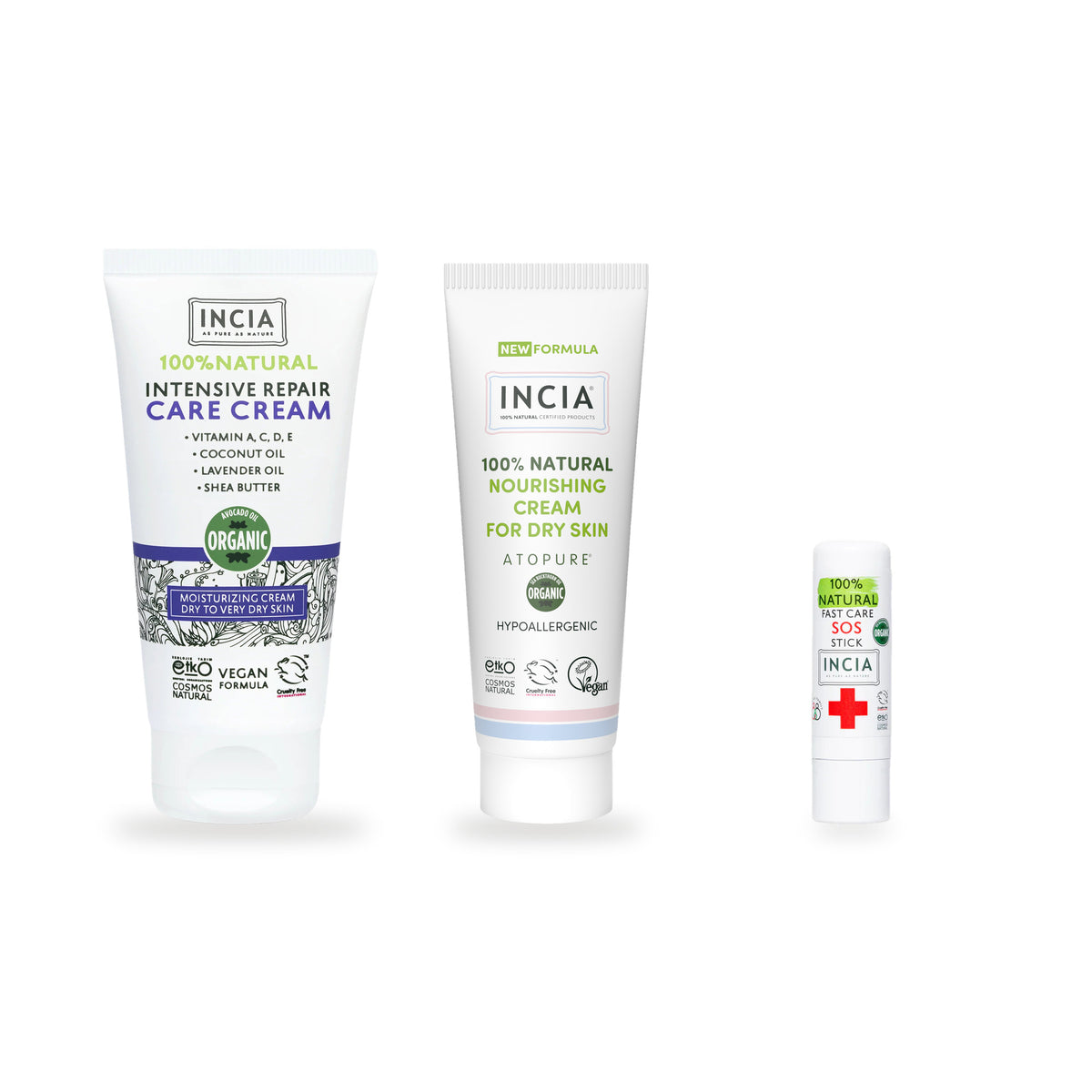 INCIA Sensitive and Dry Skin Rescue Set: intensive repair cream, nourishing gel and SOS Stick