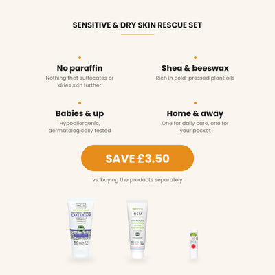 Sensitive and Dry Skin Rescue Set benefits: no paraffin, shea and beeswax, suitable for babies. Save GBP 3.50