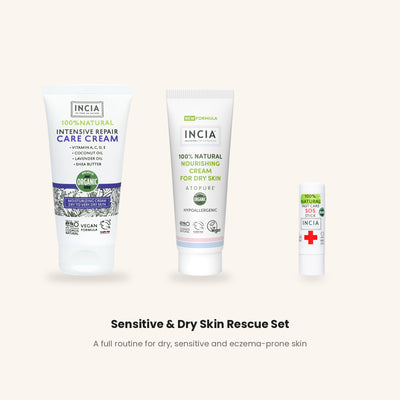 The three INCIA Sensitive and Dry Skin Rescue Set products lined up on a warm cream background