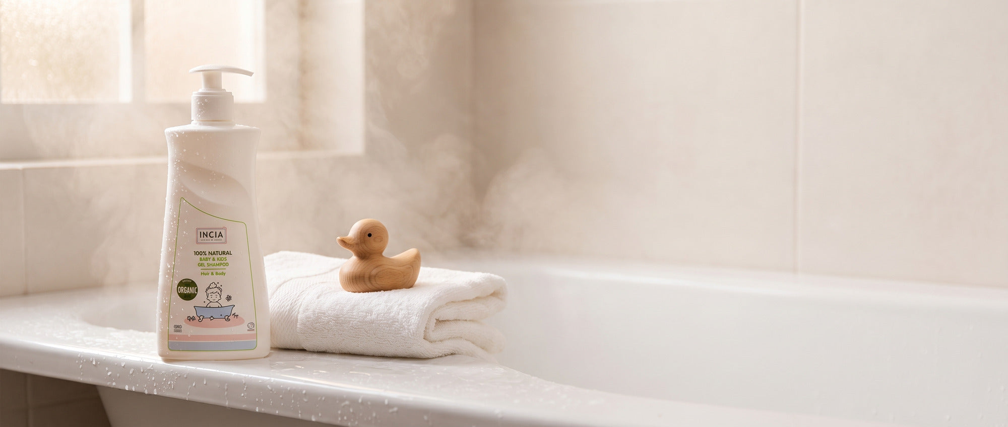 INCIA natural baby and kids shampoo on a bath rim beside a folded towel
